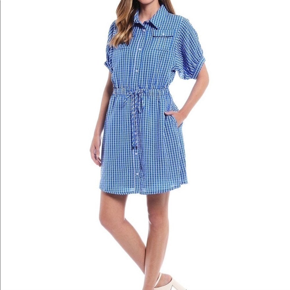 LDT Chris Button Down Collar Short Sleeve Seersucker Blouson Shirt Dress